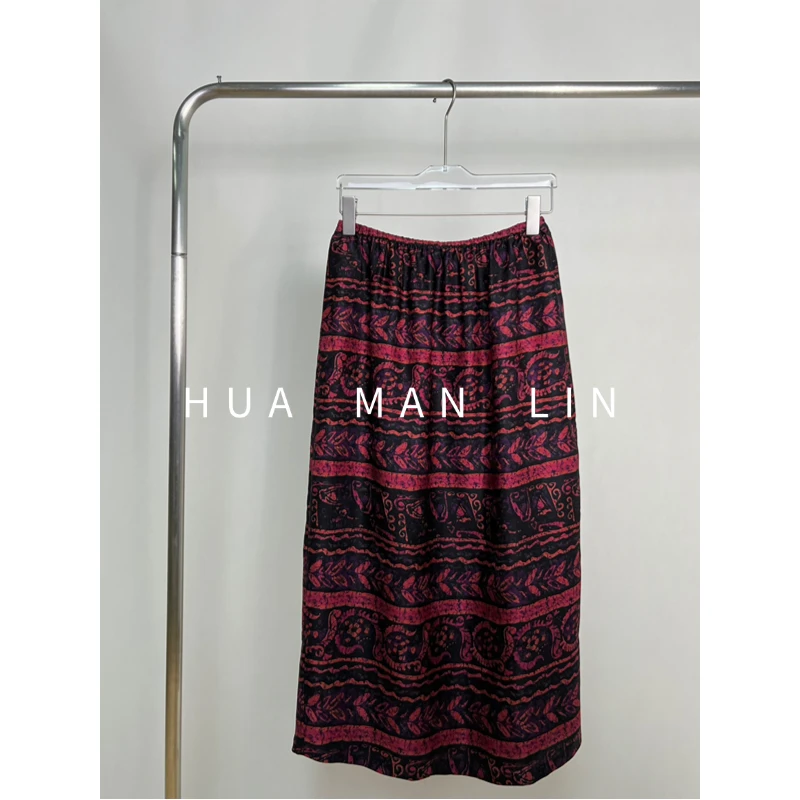 【花满林】全松紧腰后开叉花纹真丝桑蚕丝半裙259370