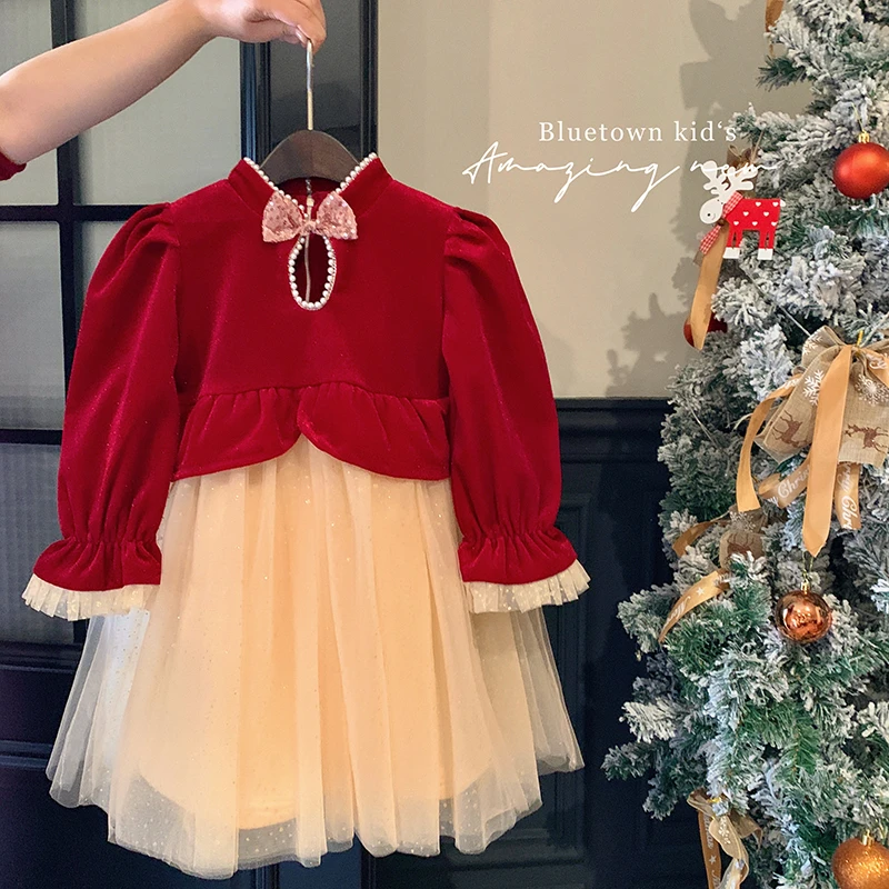 【本妈】秋冬”明月暮年”女童气质珍珠蝴蝶结加绒网纱裙ADD03 29‘9