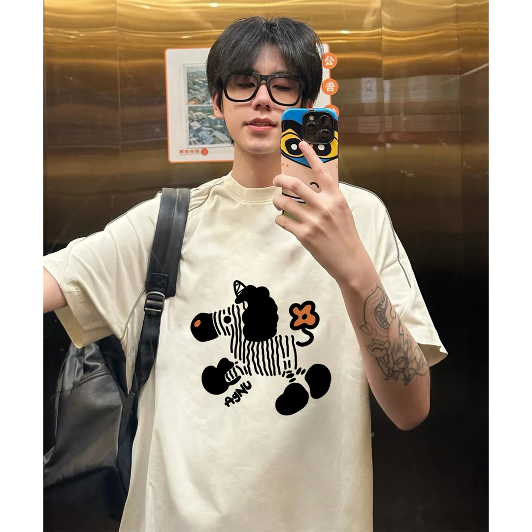 100%纯棉美式创意斑马字母印花拼接短袖T恤男女夏季休闲百搭上衣