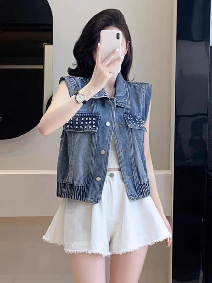 【苏苏精选】355爆款春夏季牛仔重工钉珠无袖外套