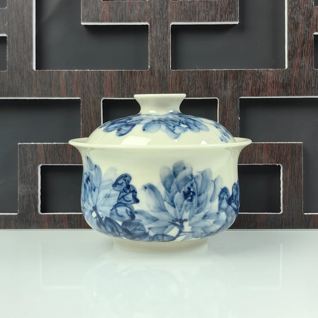 觅纤柴窑 青花牡丹盖碗-110毫升  MQ320