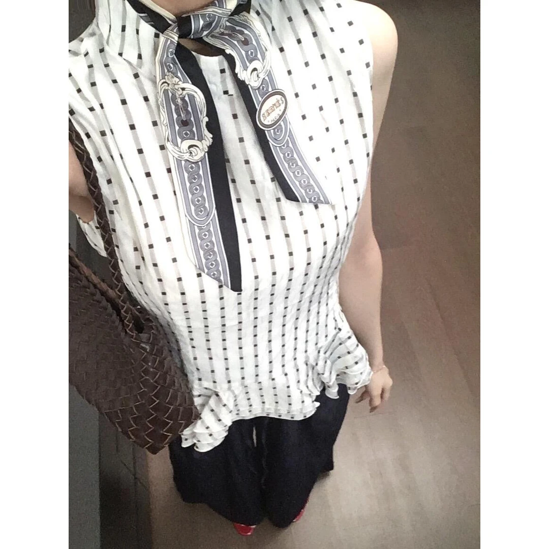 誉芝yuzhi 气质格子无袖上衣拼接花边下摆收腰设计夏季显瘦T恤