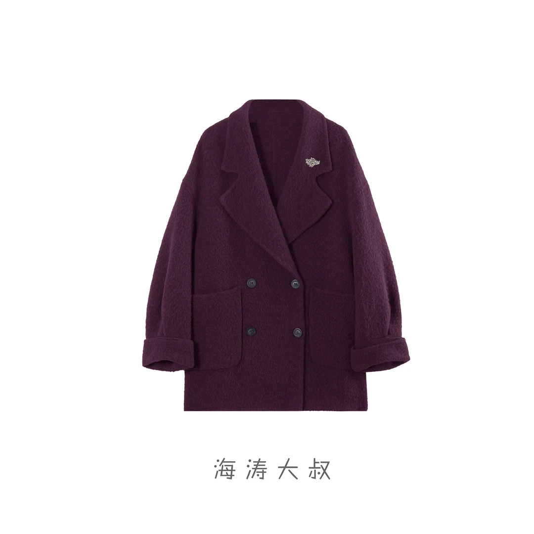 【海涛大叔】羊驼毛绵羊毛短款胸针西装翻领双面绒大衣
