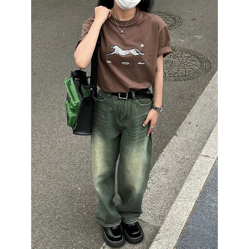 复古绿色牛仔裤女秋冬新款大码胖mm直筒高腰显瘦宽松阔腿拖地裤子