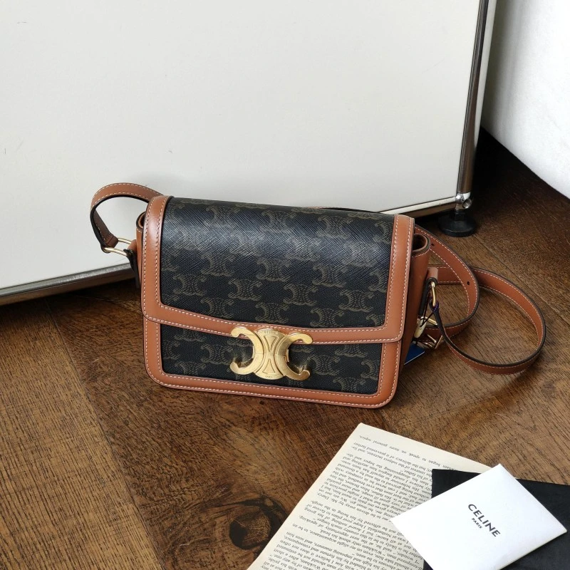 95新 Celine/思琳 Azul-棕色老花凯旋门teen box斜挎包 50764