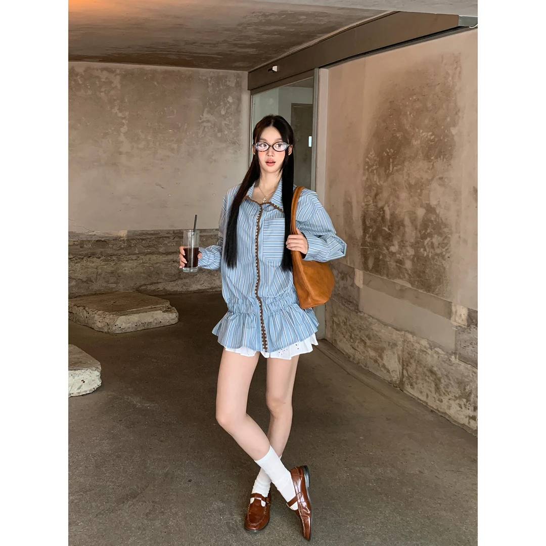 【面包房衬衫裙】秋季气质贝壳绣设计感条纹翻领BD衬衫