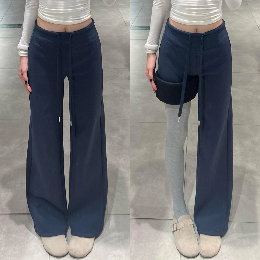 藏青lulu加绒运动裤女秋冬高腰显瘦慵懒风垂感卫裤休闲直筒拖地裤