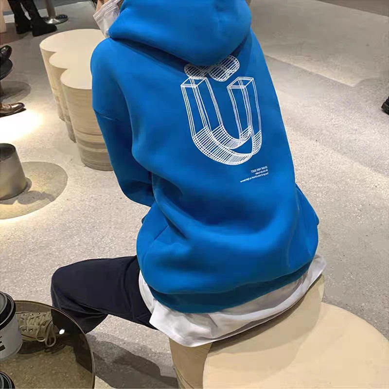 新款时尚洋气百搭女装蓝色连帽卫衣秋冬慵懒加绒宽松中长款上衣潮