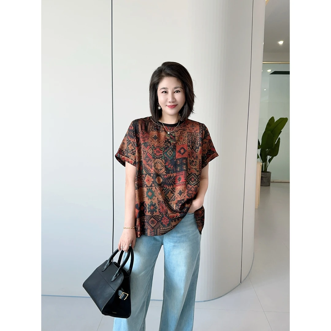 微胖女装【洱海红衫】新中式拼接蕾丝后背假两件T恤短袖上衣新款885