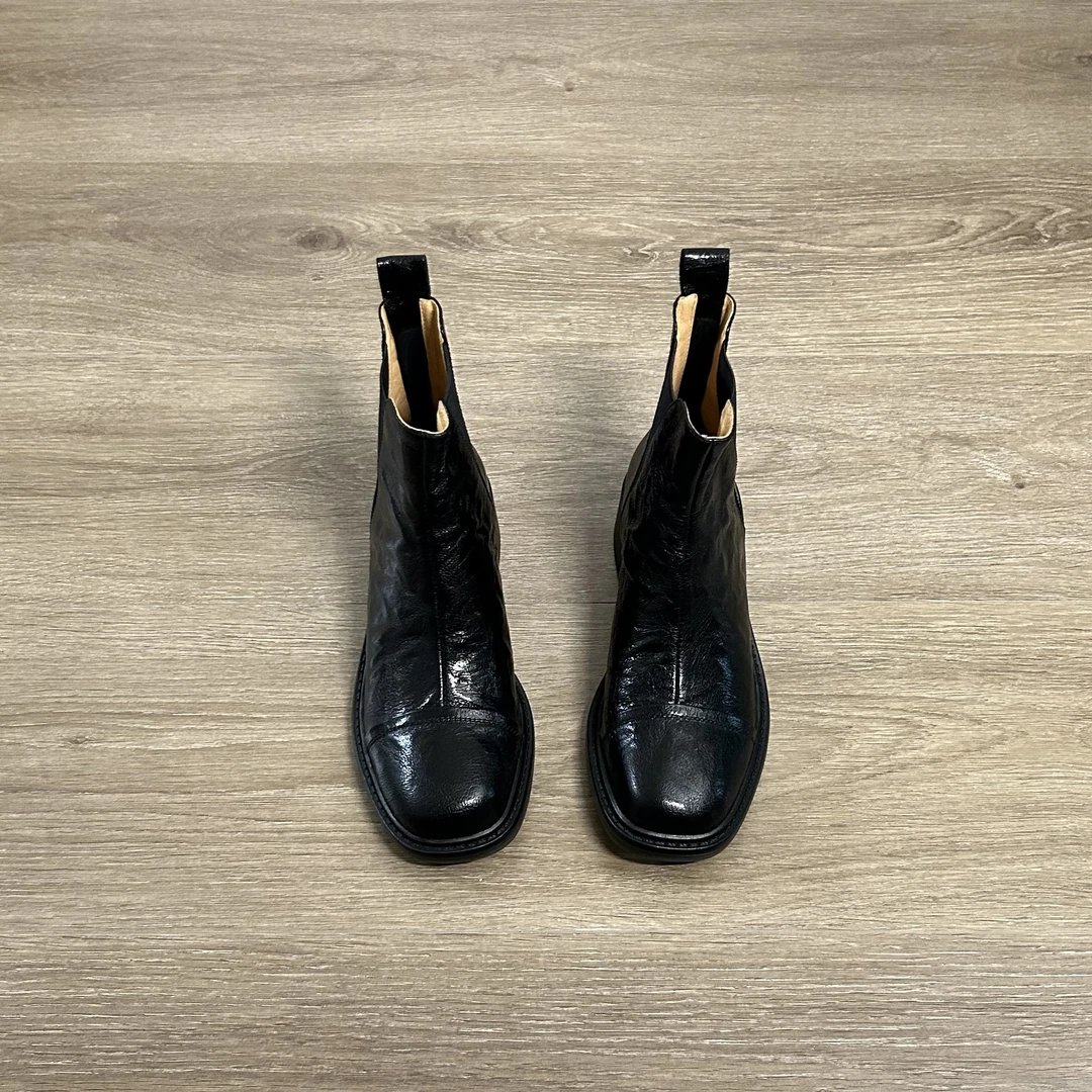 Dannyfrey复古方头低跟短筒切尔西靴后拉链百搭加绒短靴4CM