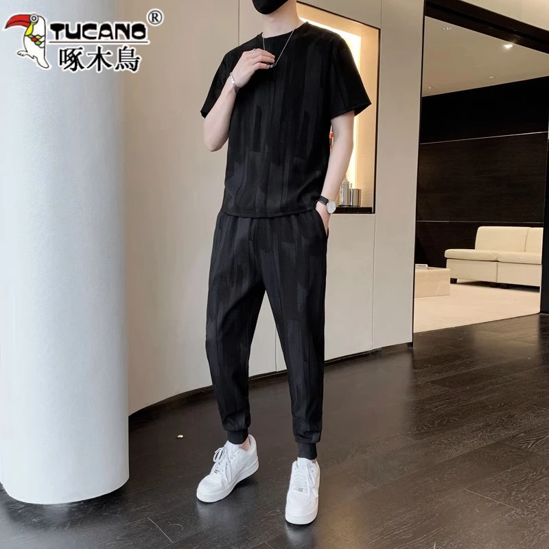 啄木鸟夏季冰丝印花T恤男款休闲运动套装潮流帅气短袖长裤高级感