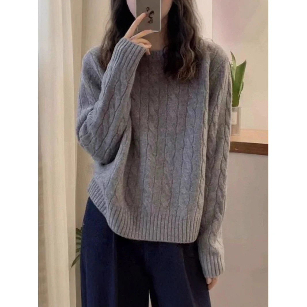 欧货针织毛衣女秋冬灰色小个子麻花加厚慵懒设计感针织毛上衣1207