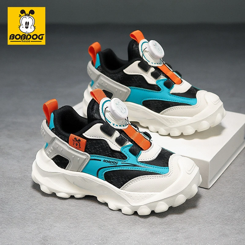 巴布豆家族男童鞋秋季新款防水皮面跑步鞋透气网面耐磨软底运动鞋