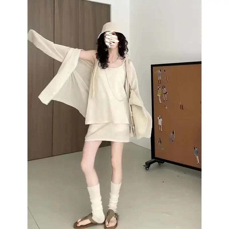 2025夏季新款女法式气质宽松薄款针织开衫内搭吊带高腰显瘦半身裙