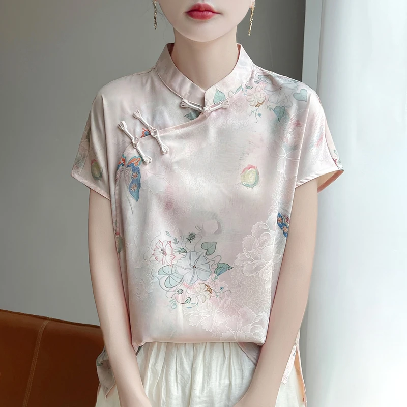 温婉知性~~新中式国风粉色盘扣立领衬衫女新款复古气质短袖小衫潮