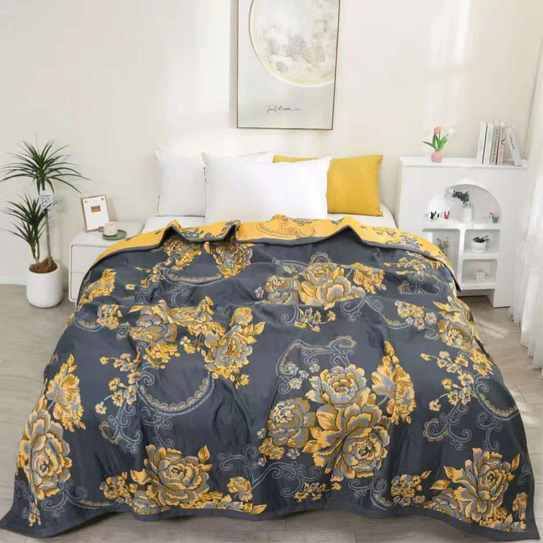 黑金牡丹240*260纱布床盖轻奢毛巾被冷感细纱舒适四季通用