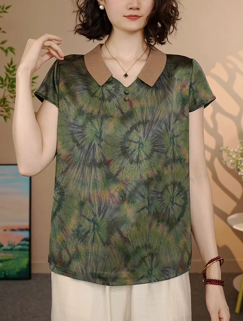 夏季翻领宽松中老年女装宽松型遮肚显瘦妈妈装短袖上衣