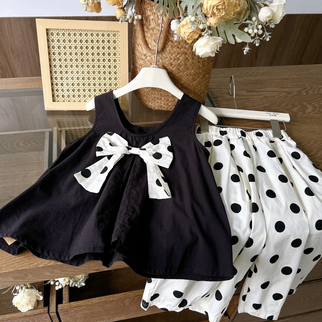 【套装】2530（黑色）波点套装 女童韩版 蝴蝶结娃娃衫波点裤 套装