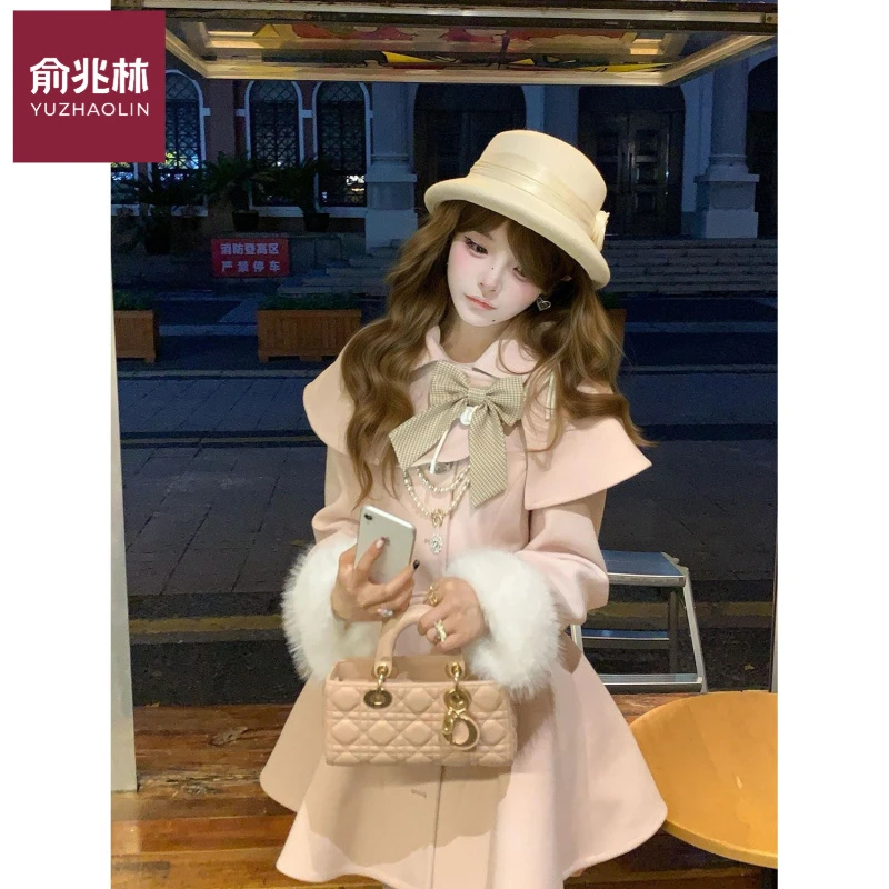 流光之莓 温柔甜美清楚系浅粉小斗篷连衣裙大衣洋气小众秋冬新款