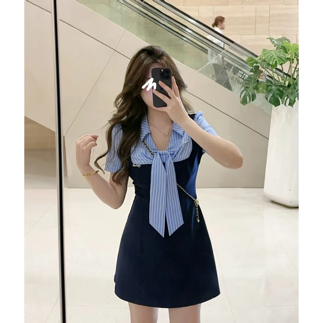 M u子酱微胖定制夏季小众设计感假两件条纹衬衫收腰连衣裙WP9694