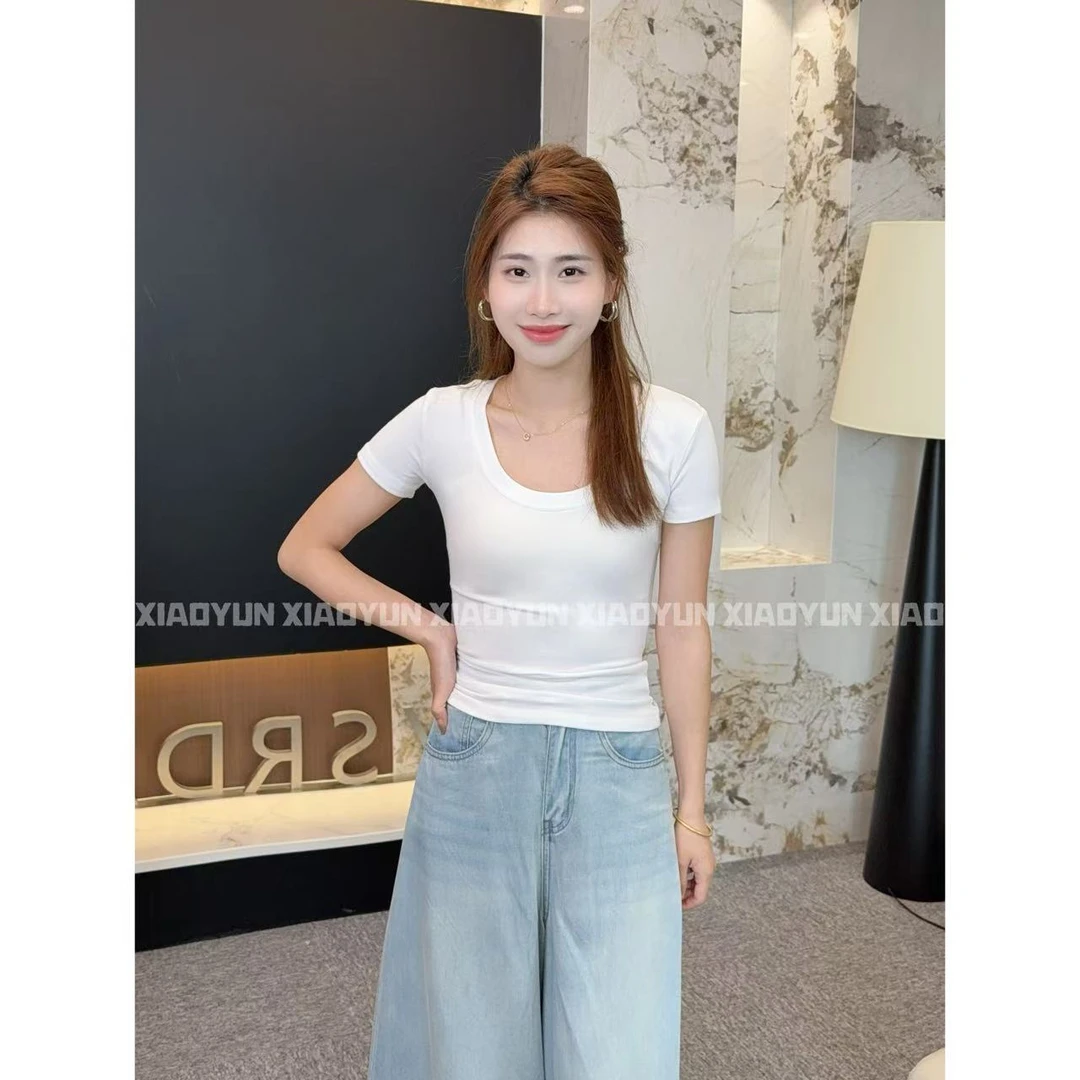 多色收腰U领T 小允姐姐2025新款时尚气质高级多色收腰U领T恤上衣