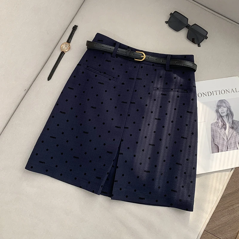 【南油溪溪】藏青色波点半身裙设计感小开叉高腰A字裙短裙800427