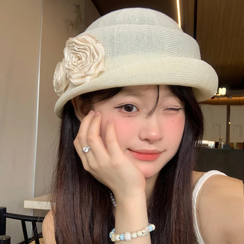 赫本风山茶花卷边亚麻贝雷帽女夏季薄款显脸小帽子法式千金风礼帽