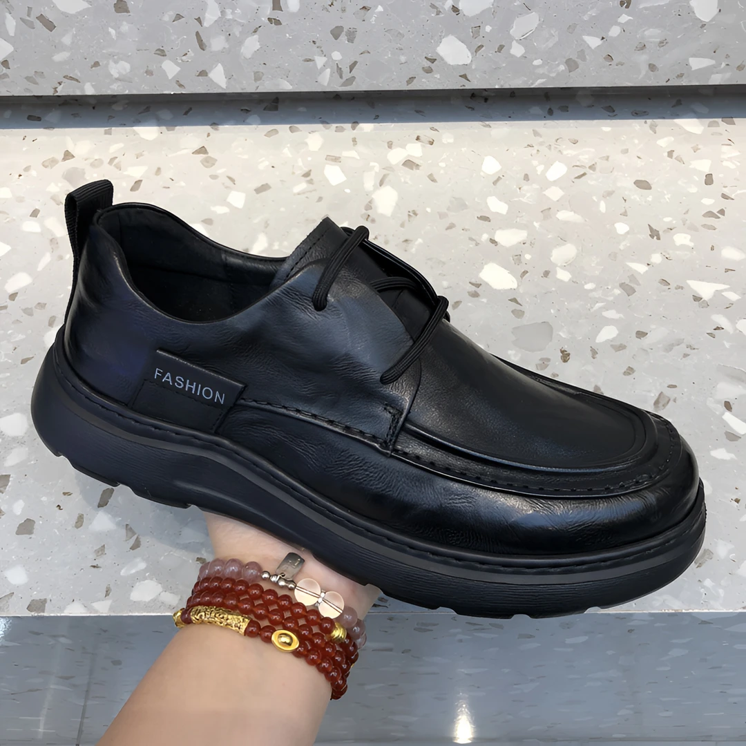 男鞋2025秋季新款真皮商务鞋头层牛皮透气厚底百搭舒适黑色通勤鞋