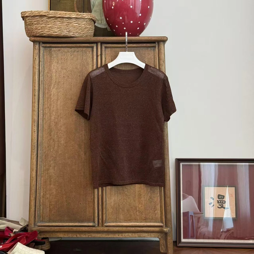 MYL 2025夏季新品汉麻粘胶混纺咖色针织衫圆领康赛妮纱线短袖上衣