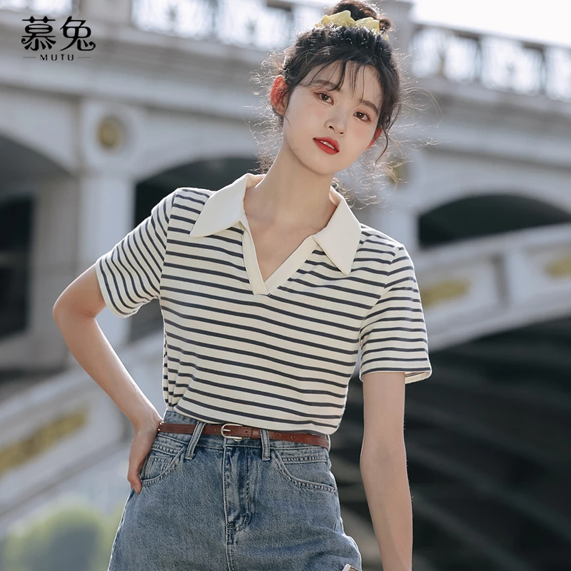 慕兔韩版条纹Polo衫短袖t恤女2025年夏季新款设计感小众正肩上衣