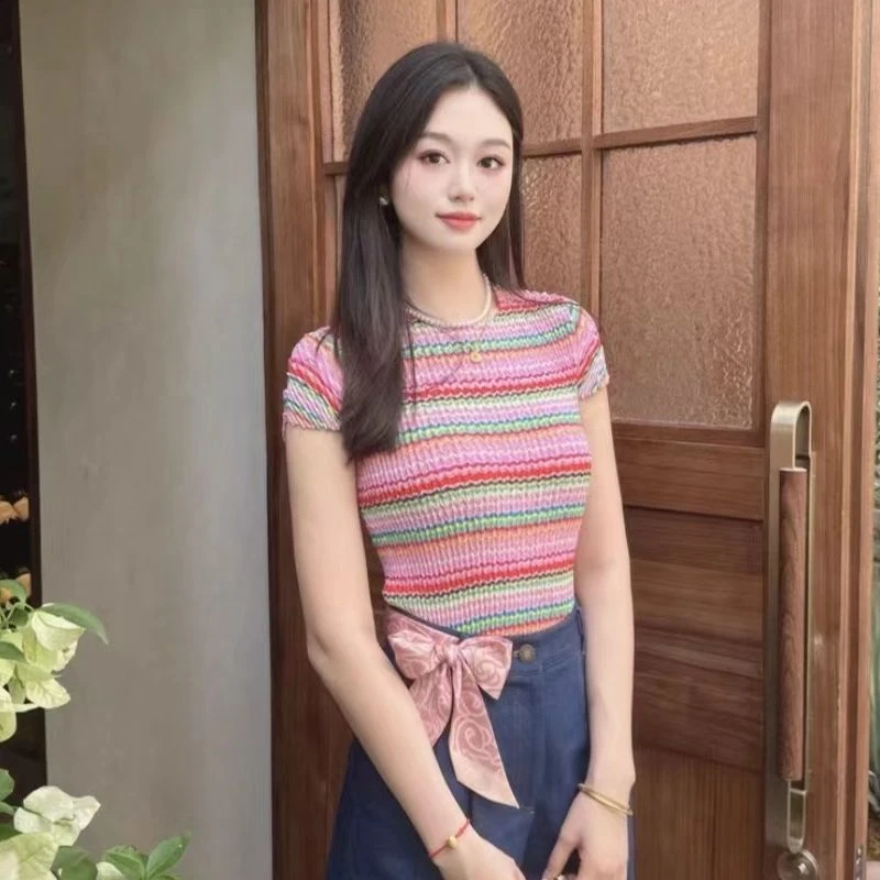 哥弟夏季时尚新款圆领弹力彩虹条纹设计感短袖T恤1300706