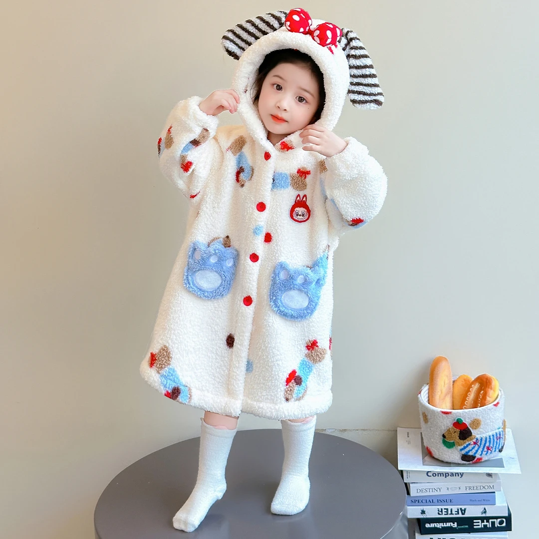 儿童睡袍秋冬季珊瑚绒加厚女童卡通家居服2025新款女宝法兰绒睡衣