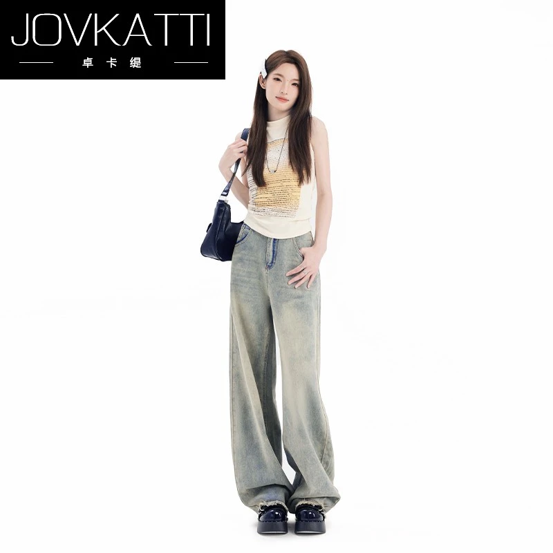 卓卡缇美式浅色做旧牛仔裤女2025夏季新款宽松显瘦毛边窄版阔腿裤
