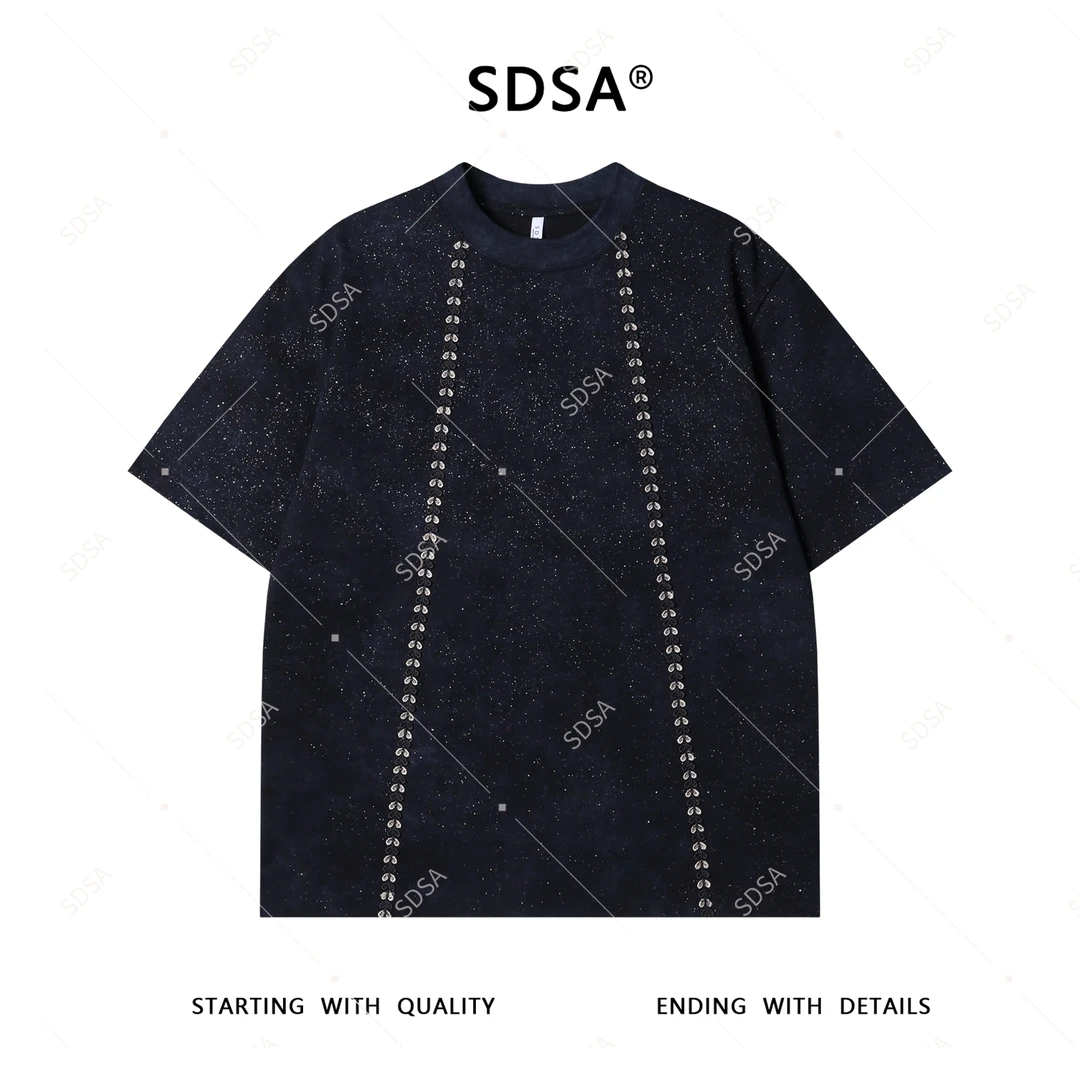 夏季高级感新款男士潮牌满天星立体刺绣线条设计圆领短袖T恤时尚