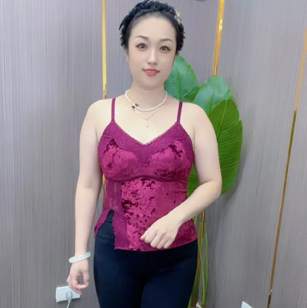 网红女款贵妇装金丝绒保暖背心中长款固定胸垫洋气女显瘦内搭打底