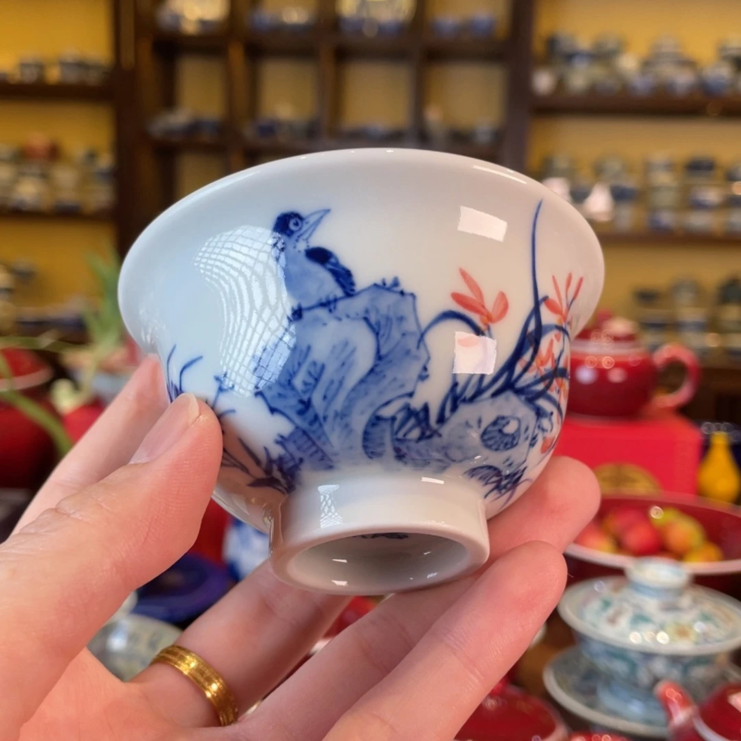 清欢柴窑，花鸟青花杯