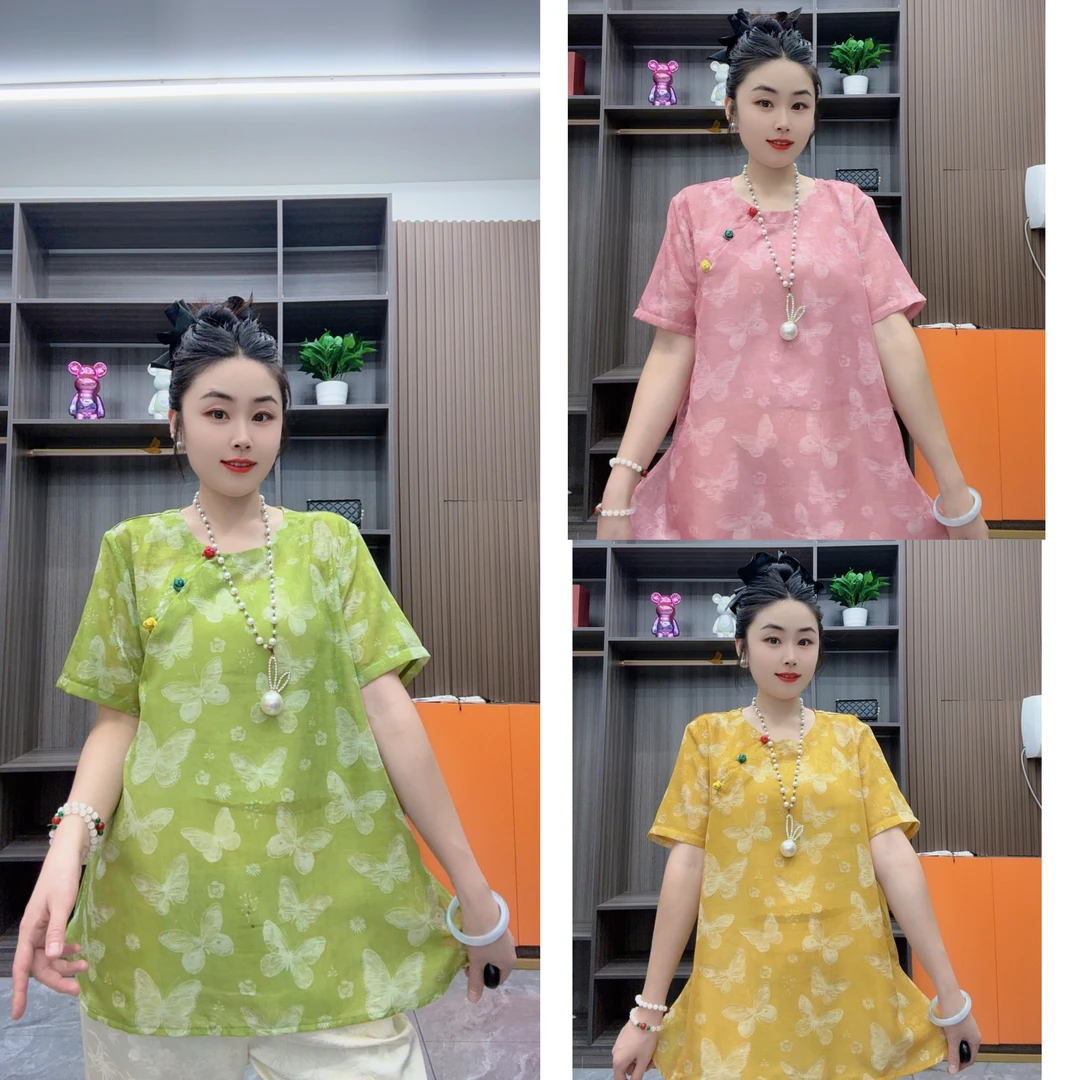 圆领休闲斜襟显瘦夏季碎花套头常规短袖