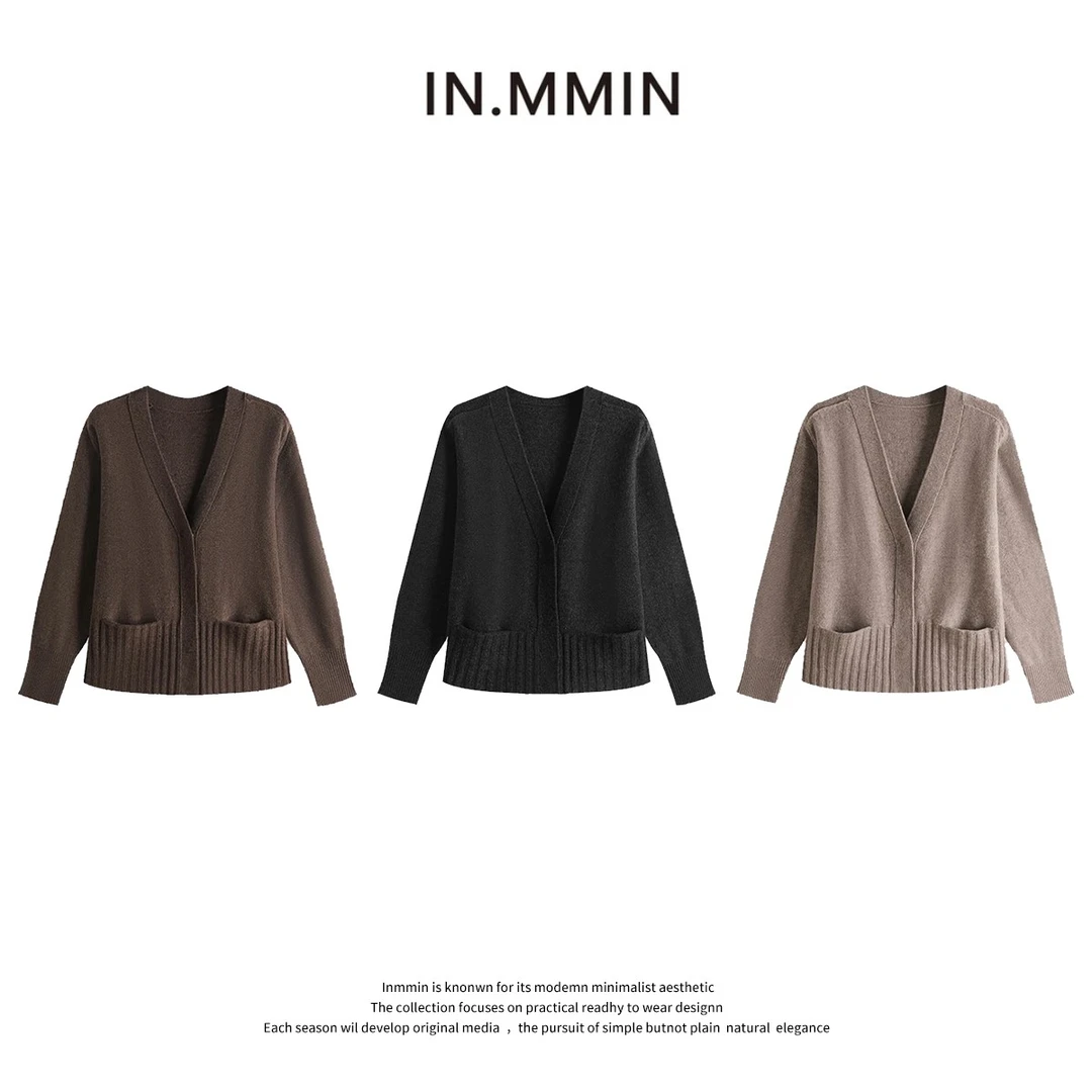 INMMIN05 2025秋冬款绵羊毛V领宽螺纹口袋开衫