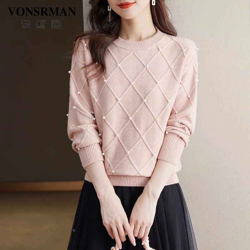 长袖打底衫女秋冬2025新款洋气减龄钉珠网格针织衫宽松t恤短上衣