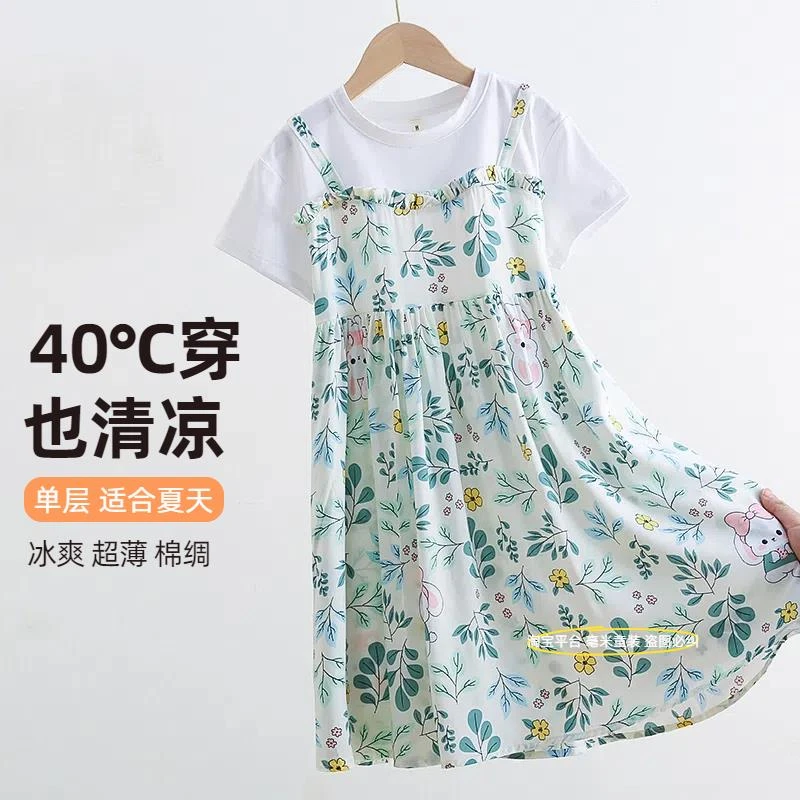 范哲萨女童连衣裙2025新款夏季棉绸大童胖女孩短袖裙子儿童人造棉