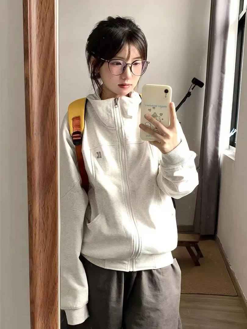 立领开衫卫衣外套女2025新款春秋季美式慵懒chic休闲夹克拉链上衣
