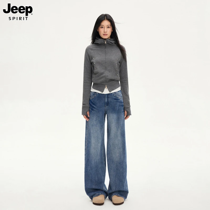 Jeep吉普宽松直筒牛仔裤女年秋季新款高腰美式复古窄版显瘦阔腿裤