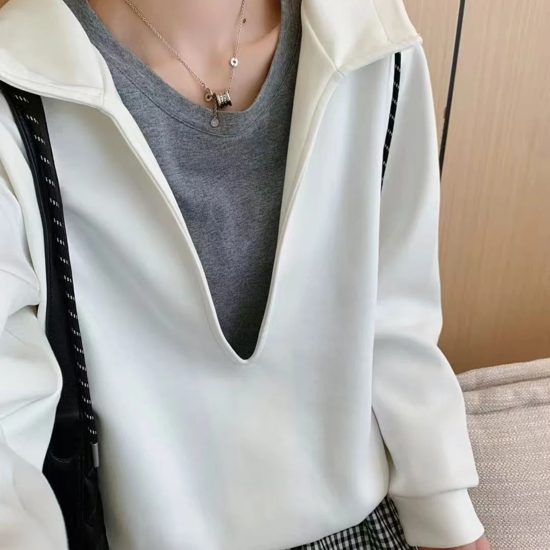 气质时尚拼接秋季撞色通勤休闲常规卫衣不起球深V假两件连帽上衣