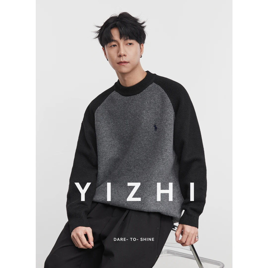 亦止『原野』重磅拼接针织套头毛衣秋冬季男士撞色圆领宽松休闲毛衣