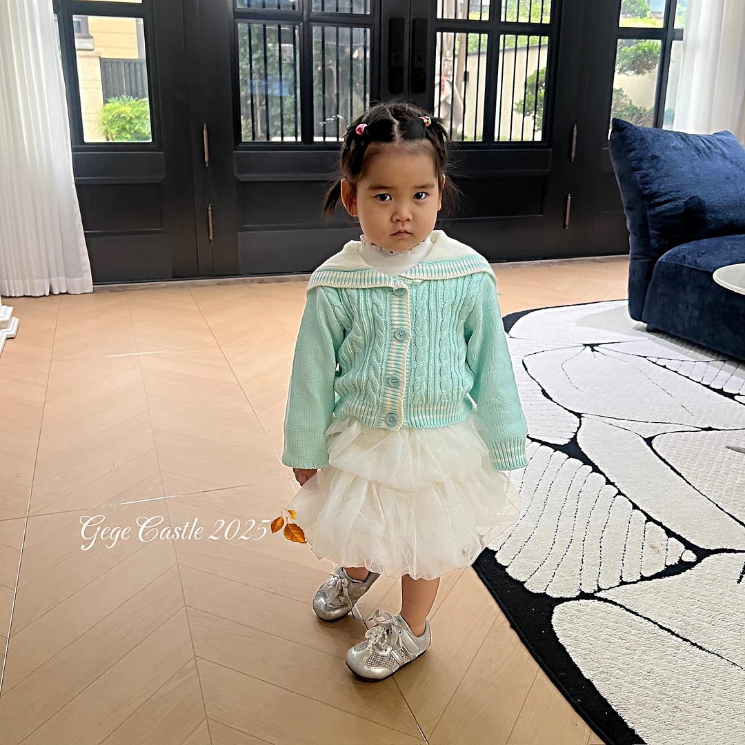 韩版常规款毛衣翻领秋装上衣开衫纯色短袖薄款小童