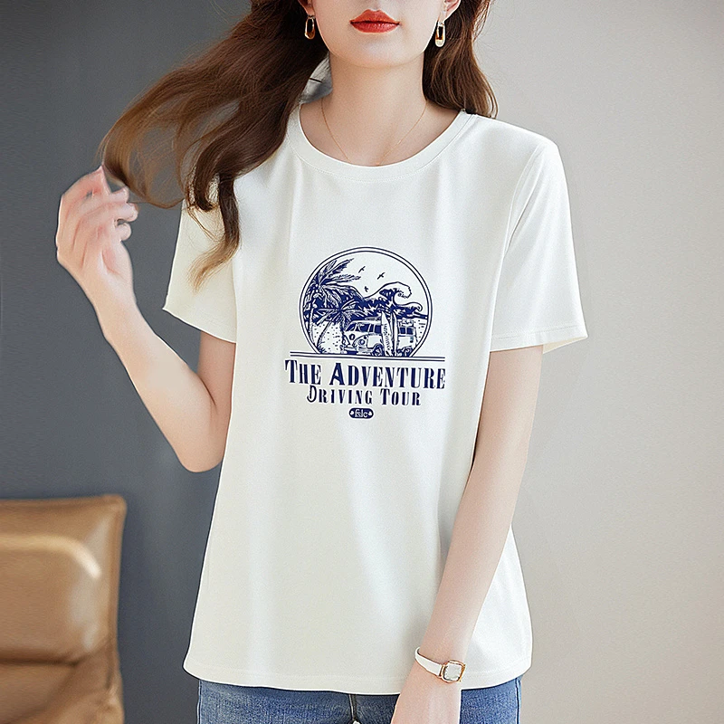 芳妮诗圆领短袖t恤女夏季2025新款女士上衣休闲宽松胖mm大码女装