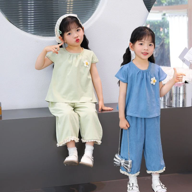 女童夏季套装2025新款儿童夏装洋气时髦防蚊女宝宝薄款短袖两件套