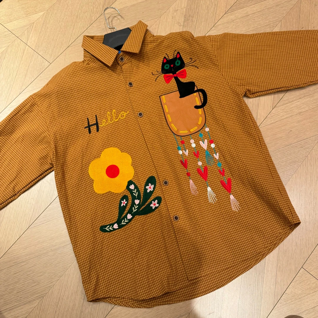 【花朵小猫衬衫-HY500】R77新款原创刺绣设计衬衣男女同款-HY500