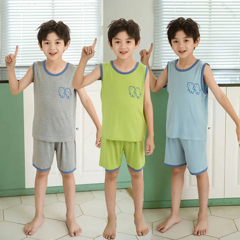 巴拉扣扣夏季儿童无袖莫代尔家居服套装套装男宝宝睡衣女宝宝面膜