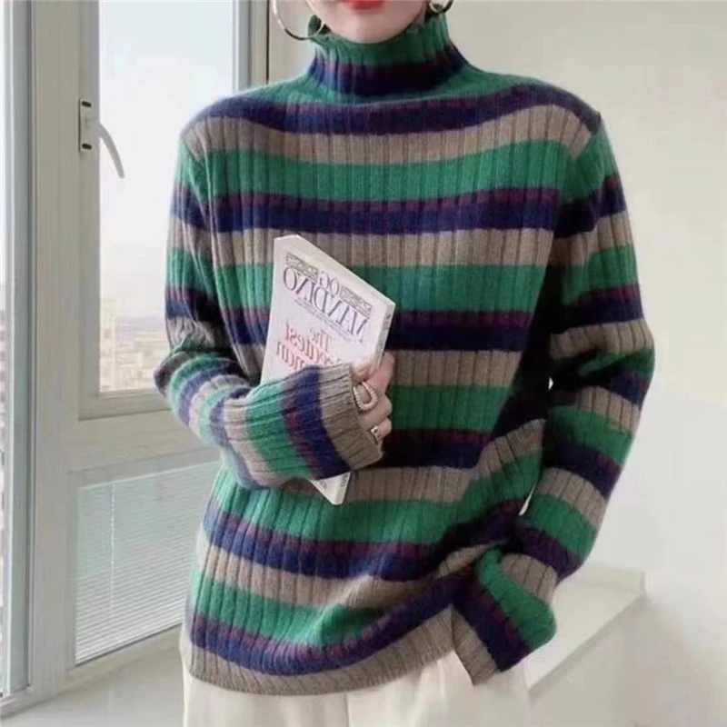 5070彩虹条纹软糯针织打底衫女秋冬新款时尚百搭显瘦半高领毛衣